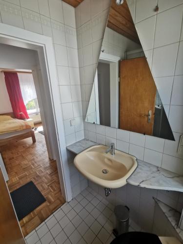 a bathroom with a sink and a mirror at Schöne Ferienwohnung Wetzlar in Wetzlar