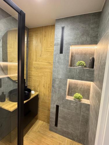 a bathroom with a shower with two potted plants at Apartament w Centrum Tarnowa Lwowska in Tarnów