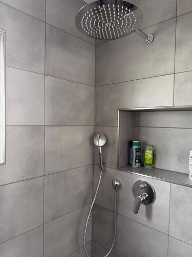 a shower with a shower head in a bathroom at Finkennest in Illingen