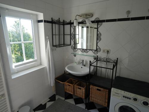 a bathroom with a sink and a washing machine at Vineyard cottage SkyView in Semič