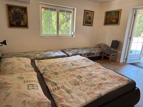 a living room with two beds and a window at Yellow Rose in Balatongyörök