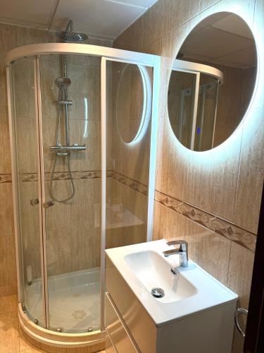 a bathroom with a shower and a sink and a mirror at Apartamento Antón Gómez in Lucena