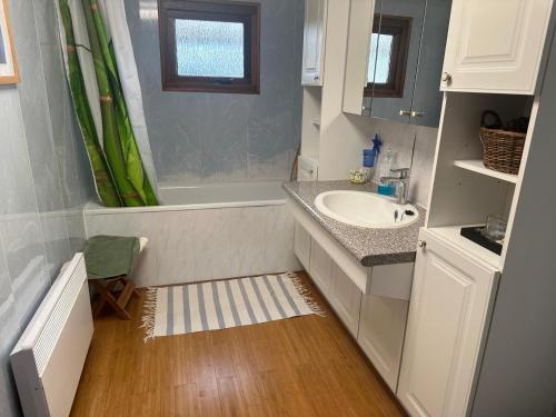 a small bathroom with a sink and a bath tub at Lilia Chalet in Durbuy
