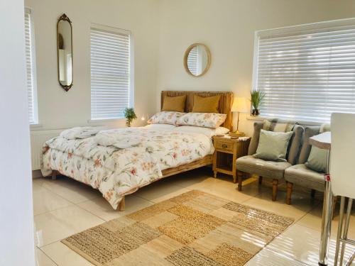 a bedroom with a bed and a chair and a mirror at 1 Bed Flat - Sleeps 2 - Parking - Garden in Derry Londonderry