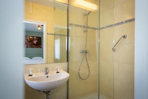 a bathroom with a sink and a glass shower at Thermae Grimbergen Hotel in Grimbergen
