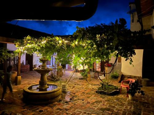 a tree in a courtyard with a fountain with lights at Finca Las Flores in El Cedro