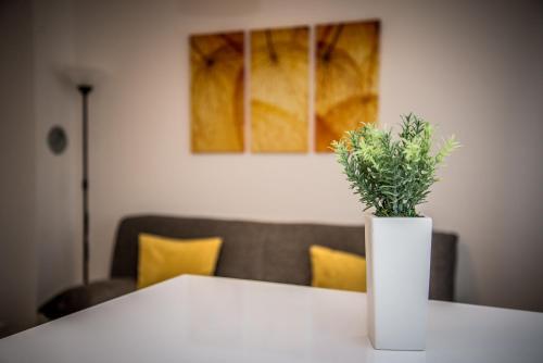 a white vase with a plant sitting on a table at Apartment Roko in Osijek