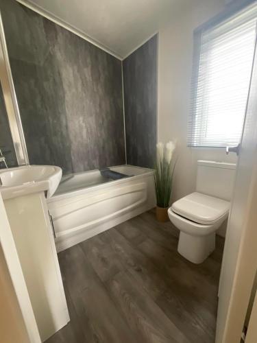 a bathroom with a tub and a toilet and a sink at JLUX Lodges in Crowle