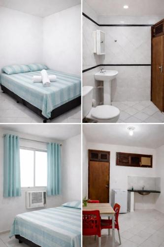 four images of a bedroom with a bed and a bathroom at Pousada Gran-Café in Quixadá