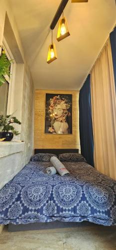a bedroom with a blue bed with two pillows on it at Center Lux Apartment Marijana in Novi Sad