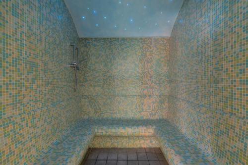 a tiled shower with a tub in a room at Park Hotel Faver in Tremosine Sul Garda