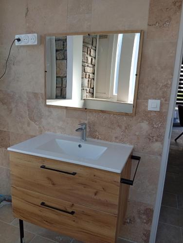 a bathroom with a sink and a mirror at Le logis de la liane in Boulogne-sur-Mer