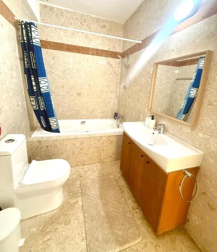 a bathroom with a toilet and a sink and a tub at Latchi Marina in Lachi