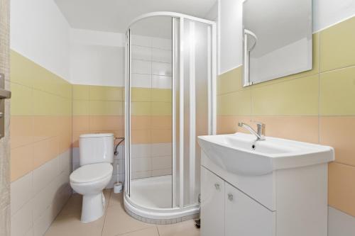 a bathroom with a toilet and a shower and a sink at Apartmán Plasy in Plasy