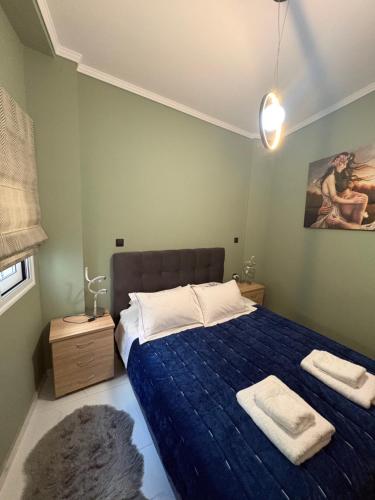 a bedroom with a bed with a blue comforter at Stone house 48 m in Acharnes