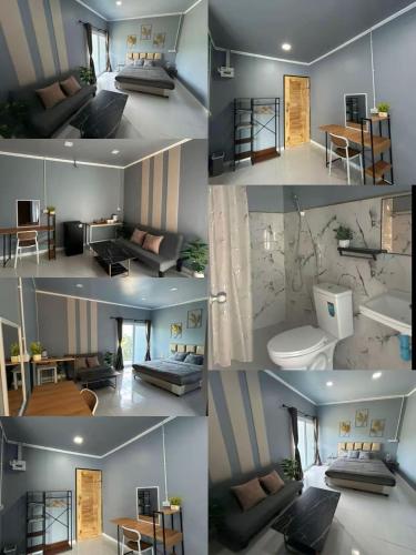 a collage of four pictures of a living room at Khaosok Diary Camp in Khao Sok National Park