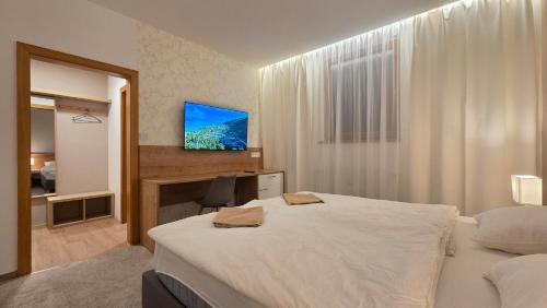 a hotel room with a bed and a television at Apartmán Kragujevská in Žilina