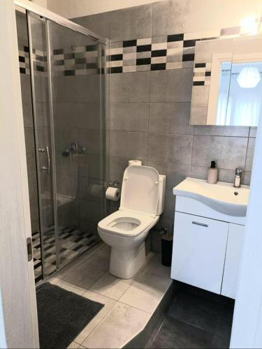 a bathroom with a toilet and a shower and a sink at Seawaves in Ierissos