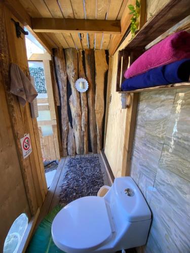 eine Toilette im Inneren eines Minihauses in der Unterkunft Barbablancaspa in San José de Maipo