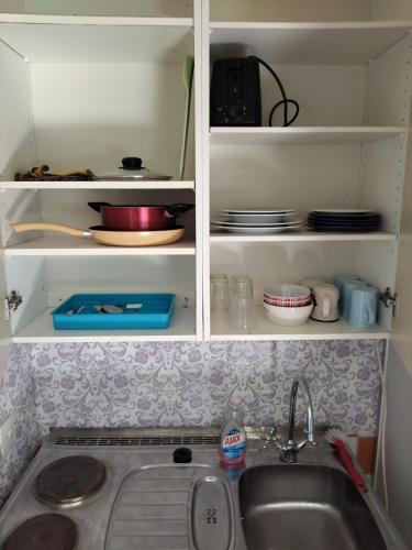 a kitchen counter with a sink and a shelf with dishes at Willa Witsari 27m2 in Kokkola