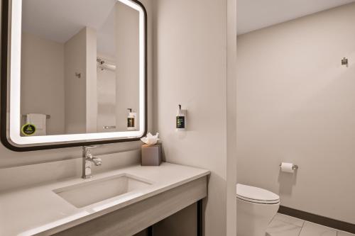 a bathroom with a sink and a mirror and a toilet at B&B HOTEL Jacksonville Airport - Newly Renovated! in Jacksonville