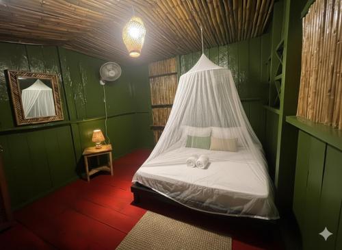 a bed in a green room with a net at Tsamuna Ecolodge Macedonia in Macedonia