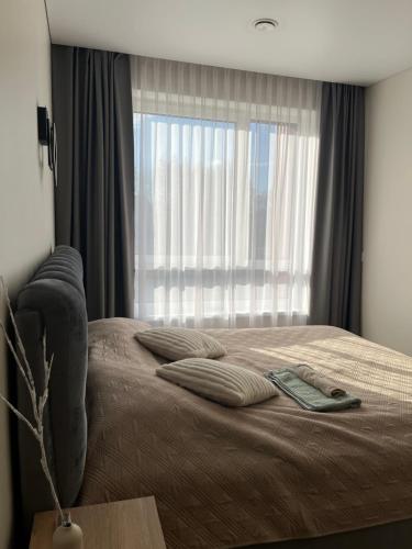 a bedroom with a bed with a large window at Modern apartment with Private parking - 10 min to airport, 15 min Center in Vilnius