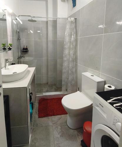 a bathroom with a toilet and a sink and a shower at Blue Port Faros - Sifnos in Faros