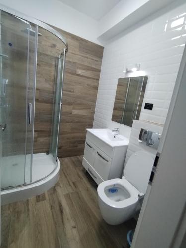 a bathroom with a toilet and a shower and a sink at Premium Lakeside Apartament Building Stefan in Mamaia