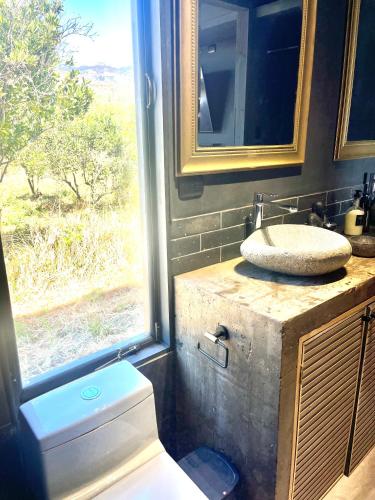 a bathroom with a sink and a toilet and a window at Loft industrial Colchagua in Santa Cruz