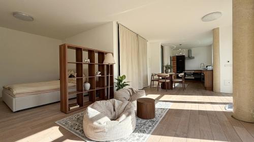 a living room with a bed and a couch in a room at HOUSE CAMELIA - Stilvolles, großzügiges 2-Zimmer-Apartment in Irrel