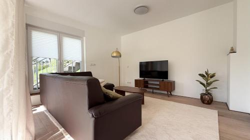 a living room with a couch and a television at HOUSE CAMELIA - Stilvolles, großzügiges 2-Zimmer-Apartment in Irrel
