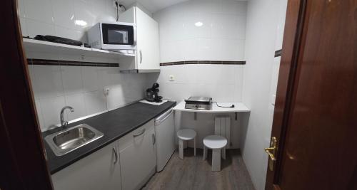 a small white kitchen with a sink and a microwave at Alojamientos Fermín in Cangas de Onís