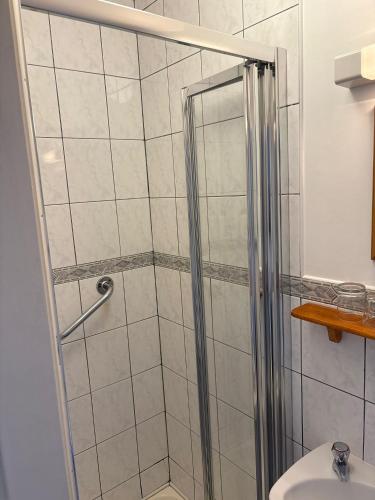 a bathroom with a shower with a toilet and a sink at Sea Breeze B&B in Clonakilty