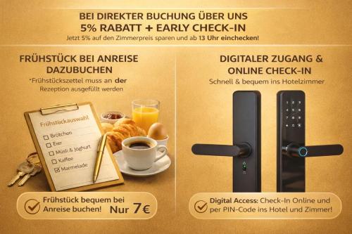 a flyer for a bedforcer studying user uses fifty restaurant and early check in at HAVENU Hotel Quartier 8 in Germersheim
