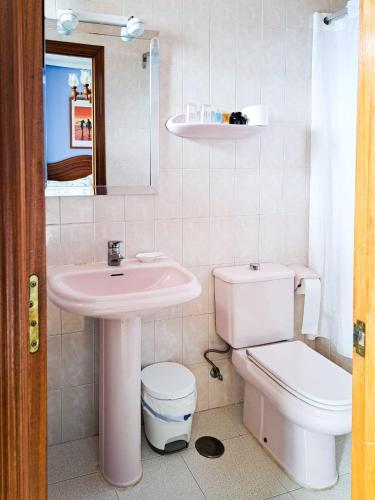 a bathroom with a pink sink and a toilet at Hotel Imperial in Tazones