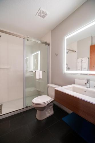 a bathroom with a toilet and a shower and a sink at Microtel Inn & Suites by Wyndham Columbia in Columbia