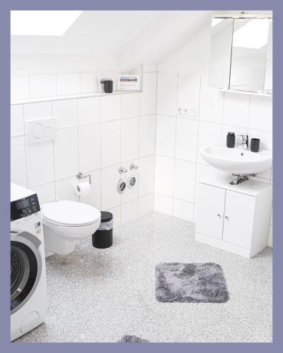 a bathroom with a toilet sink and a washing machine at Schwarzwaldpension Tuttlingen in Tuttlingen