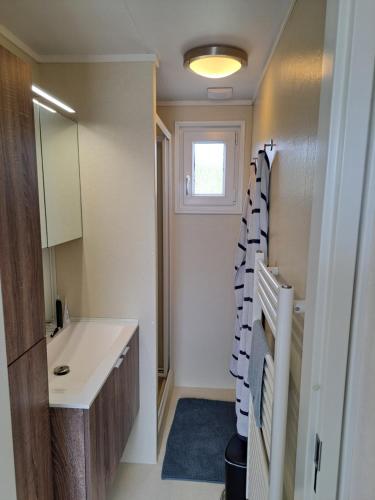 a bathroom with a sink and a mirror at ZEEMEEUW - Platz 31, Olmenduin in Serooskerke