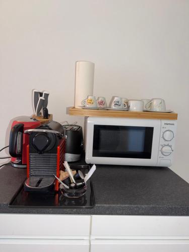 a microwave sitting on top of a kitchen counter at QuietApartment in Bellinzona