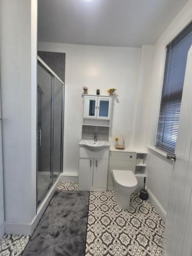 a bathroom with a toilet and a sink and a shower at Castle View Dover in Dover