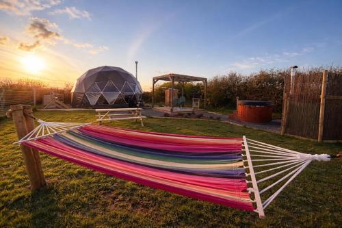 a hammock in a field with a tent in the background at Alpaca Hideaway in Llanstadwell