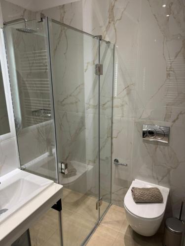 a bathroom with a shower and a toilet and a sink at Alexander in Ierissos
