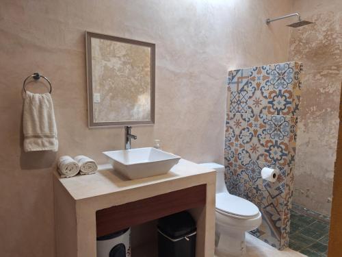 a bathroom with a sink and a toilet and a shower at Santuario del Sol in Mérida