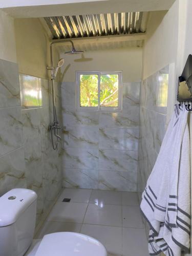 a bathroom with a white toilet and a window at las casitas acogedora in Las Galeras