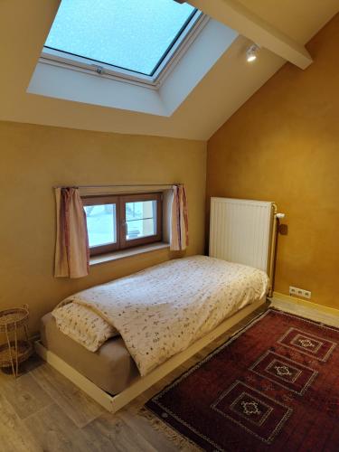 a bedroom with a bed with a large window at Huis van Rooi Willebringen in Boutersem