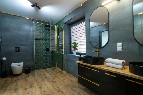 a bathroom with a sink and a shower at Slotvin Apartments in Słotwiny