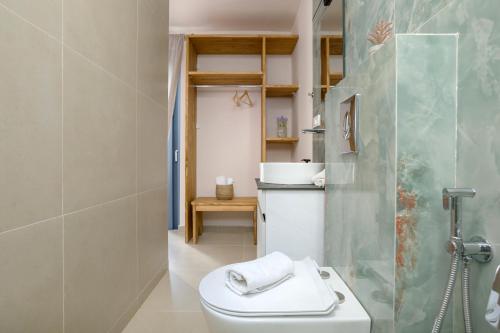a bathroom with a toilet and a glass shower at Antimo Villas - Gallini Beach House in Zakynthos