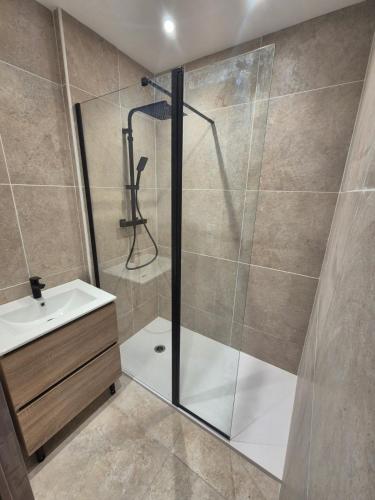 a bathroom with a shower and a sink at Maison T3 avec petit jardin in Valras-Plage