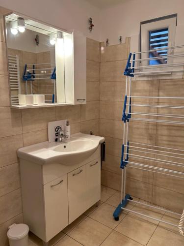 a bathroom with a white sink and a mirror at ReZa111 in Békésszentandrás
